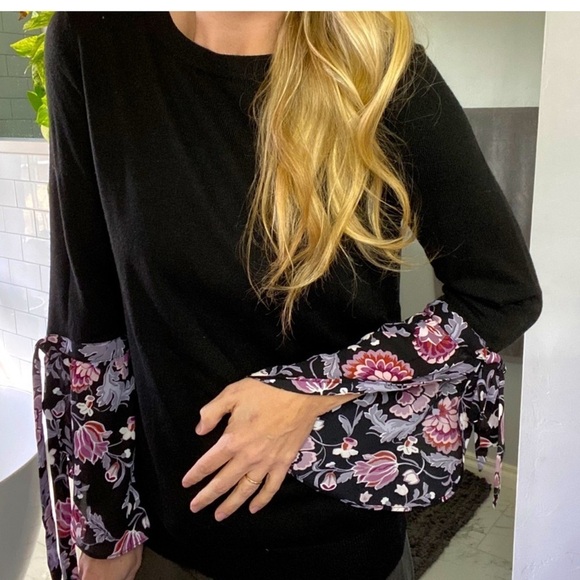 LOFT Black Sweater Sheer Floral Sleeves Black, Lavender, Gray, White Size Medium - Picture 1 of 4
